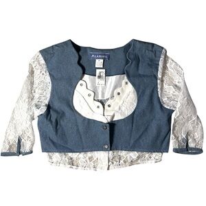 Vintage Y2K Alamosa Cropped Denim Vest Blouse, Lace Sleeves, Women’s Medium